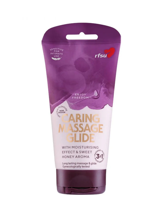 Caring Massage Glide vesipohjainen liukuvoide ja hierontageeli. Vegaaninen, raikas tuoksu, kosteuttava ja turvallinen käyttää. 150 ml pullo.