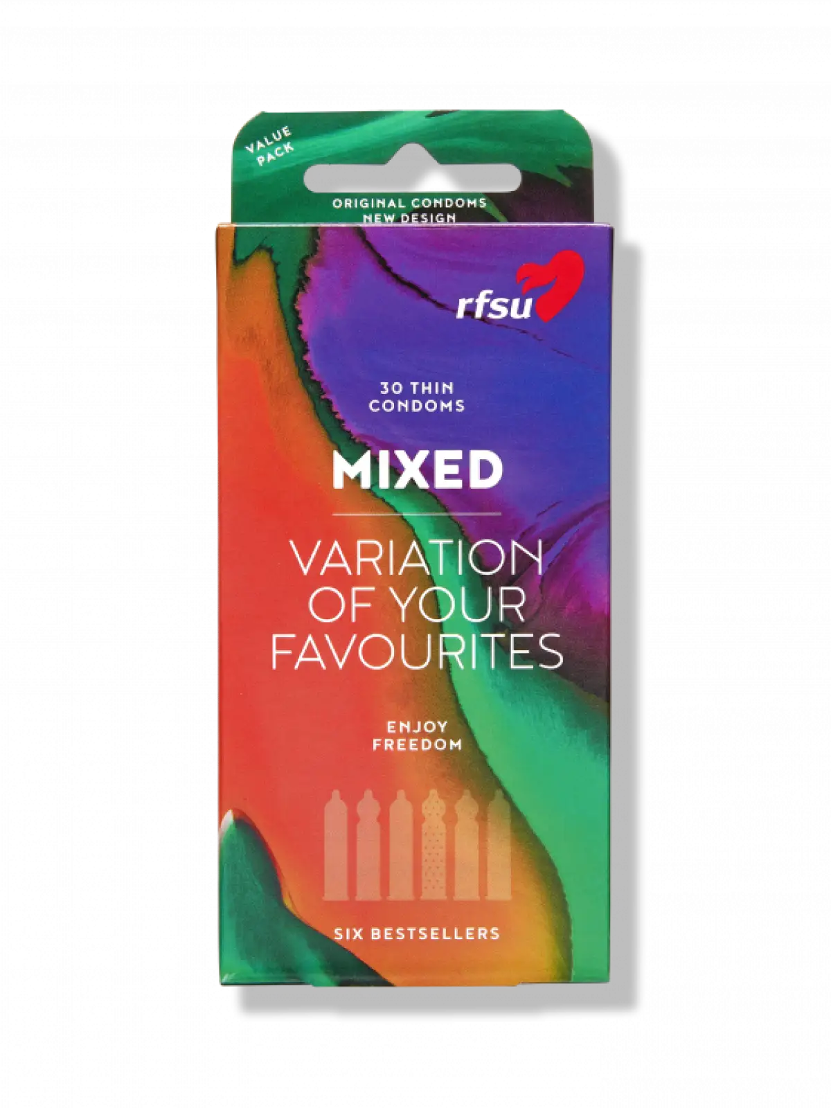 Mixed-kondomit 30 kpl lajitelmapakkaus. Eri muotoja ja aromeja: Magic, Beyond Thin, Thin, Näkken, Strawberry ja Vanilla.