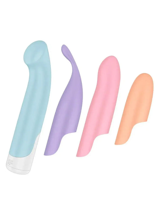 Satisfyer Playful Four on monipuolinen vibraattorisetti, jossa neljä vaihdettavaa suutinta tarjoaa erilaisia nautintotapoja.